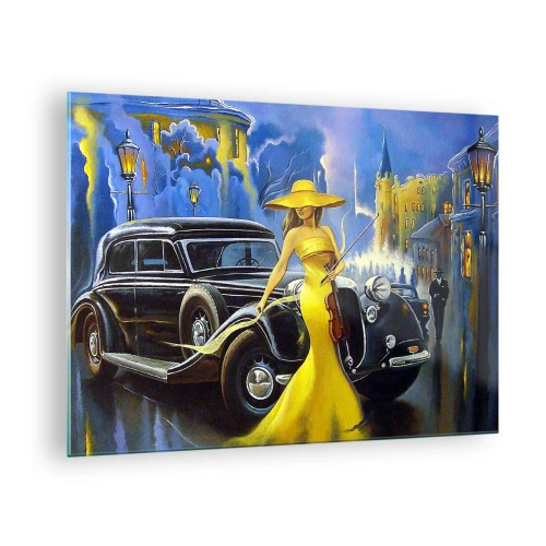 Obraz na skle - Žena ve žlutých šatech vedle veterána - 70x50cm - Nokturno pro housle a lásku - Moderní nástěnná dekorace do obývacího pokoje a ložnice ARTTOR