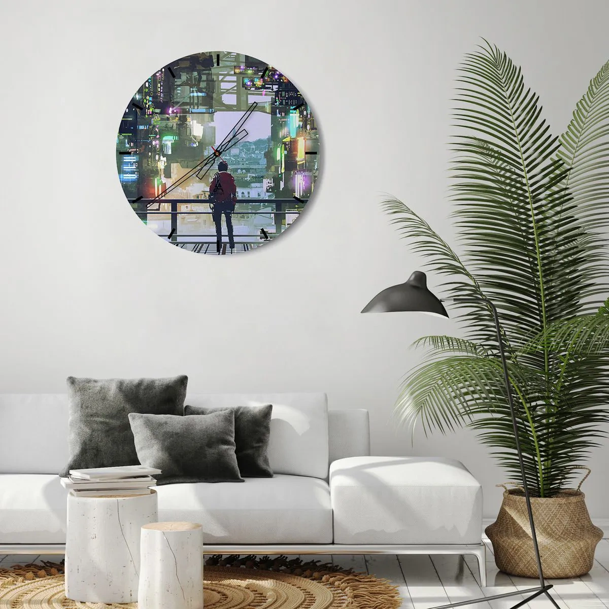 Nástěnné hodiny - Postava ve futuristickém městě s neonovými světly a panoramatem v pozadí - 30x30cm - Dva světy - Moderní nástěnná dekorace do obývacího pokoje, kuchyně a ložnice ARTTOR
