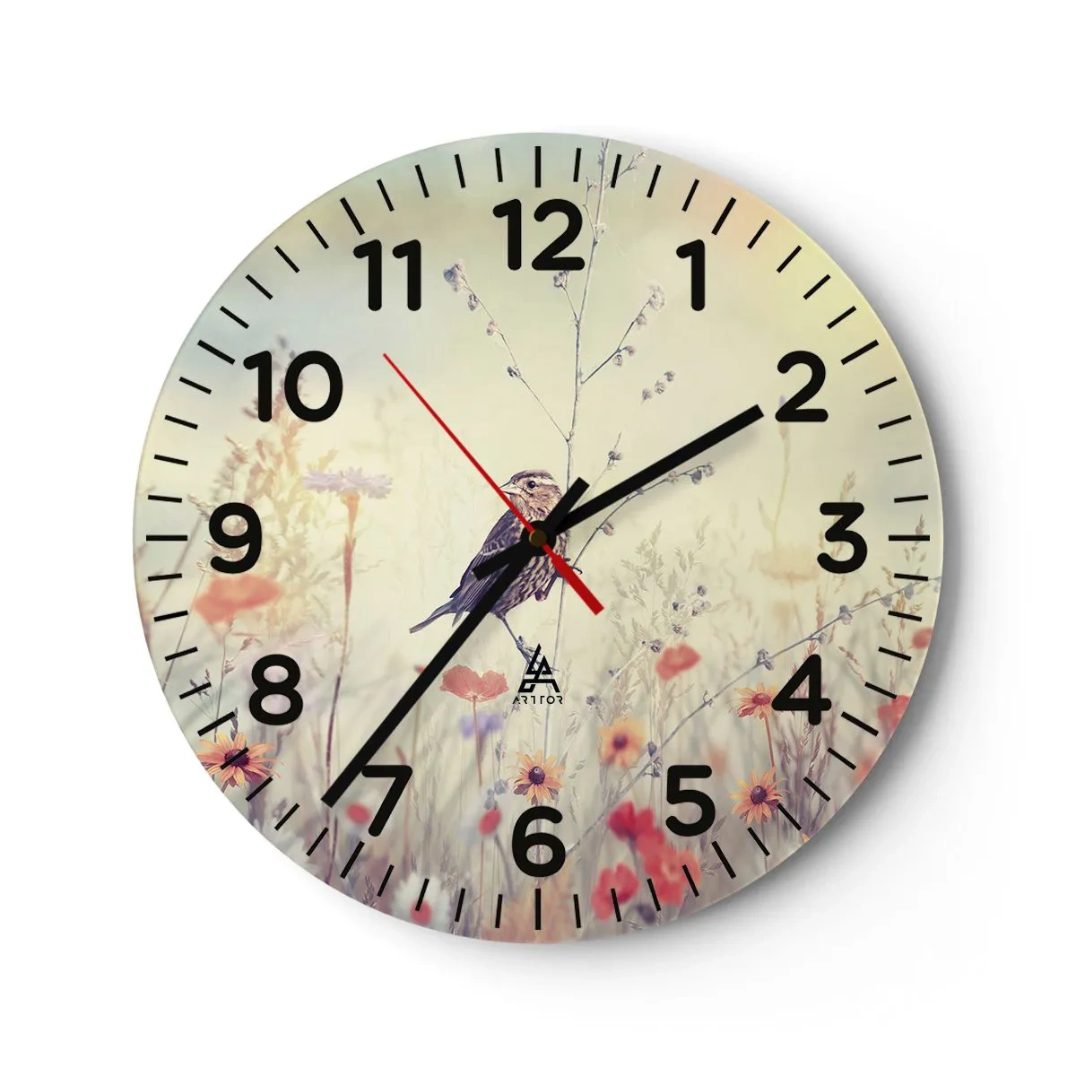 Nástěnné hodiny - Portrét ptáka s loukou v pozadí - 40x40 cm