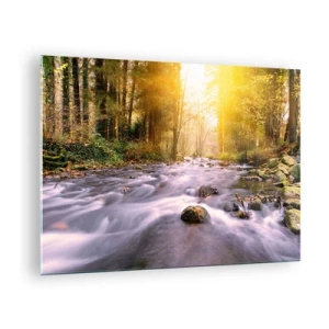 Obraz na skle - Lesní potok na slunci - 70x50cm - Malachit ve stříbrně-zlaté podobě - Moderní nástěnná dekorace do obývacího pokoje a ložnice ARTTOR