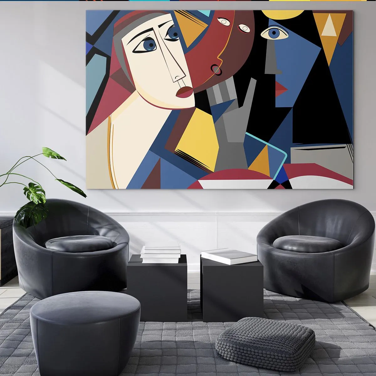 Obraz na skle - Kubistické tváře v intenzivních barvách - 70x50cm - Konverzace kubistů - Moderní nástěnná dekorace do obývacího pokoje a ložnice ARTTOR