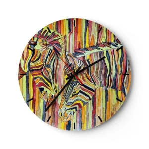 Nástěnné hodiny - Abstraktní zobrazení dvou zeber na pozadí barevných pruhů. - 30x30cm - Takže ty taky… - Moderní nástěnná dekorace do obývacího pokoje, kuchyně a ložnice ARTTOR