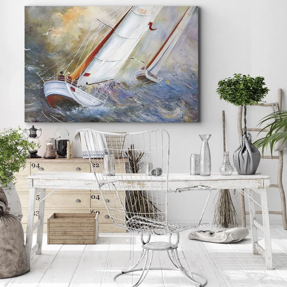Obraz na plátně - Plachetnice na rozbouřených vlnách v dynamické kompozici - 70x50cm - Běžící přes vlny - Moderní nástěnná dekorace do obývacího pokoje a ložnice ARTTOR