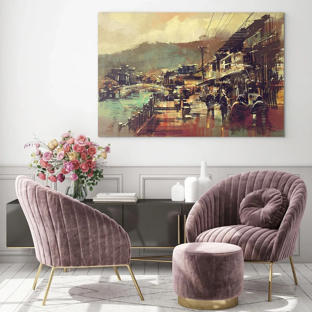 Obraz na skle - Ulice v malířském stylu s motivem mostu a kanálu. - 70x50cm - Život jako bohatství šedi - Moderní nástěnná dekorace do obývacího pokoje a ložnice ARTTOR