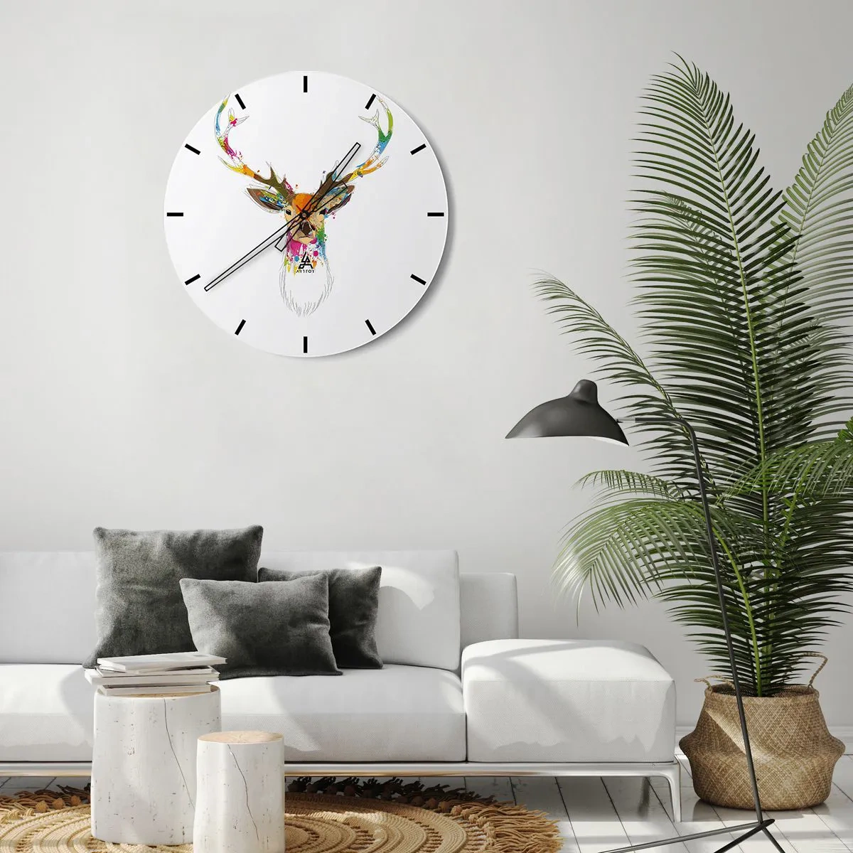 Nástěnné hodiny - Umělecká jelení hlava plná barevných akcentů - 30x30cm - Líbezný jelínek vykoupaný v barvě - Moderní nástěnná dekorace do obývacího pokoje, kuchyně a ložnice ARTTOR