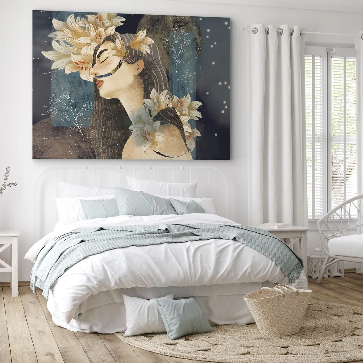 Obraz na plátně - Portrét ženy s květinami v uměleckém stylu na tmavém pozadí - 70x50cm - Pohádka o princezně s liliemi - Moderní nástěnná dekorace do obývacího pokoje a ložnice ARTTOR