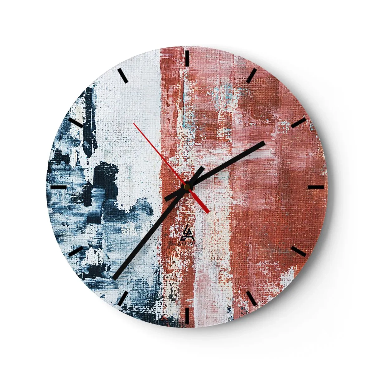 Nástěnné hodiny - Abstraktní kompozice v odstínech modré a červené - 30x30cm - Abstraktní půl na půl - Moderní nástěnná dekorace do obývacího pokoje, kuchyně a ložnice ARTTOR
