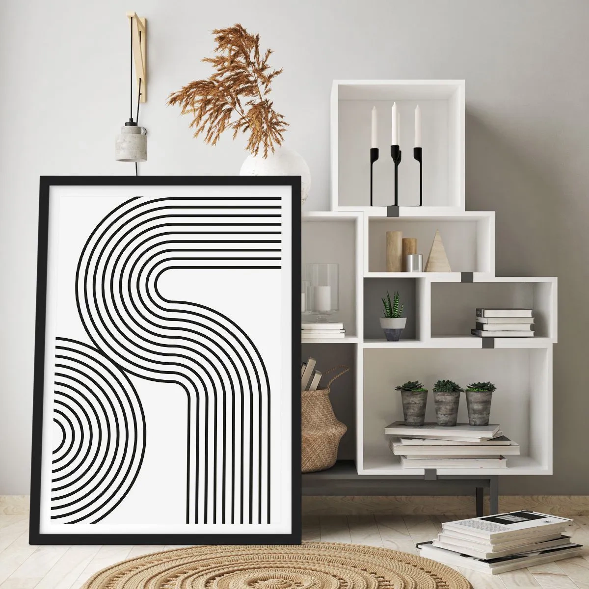 Plakát v černém rámu - Moderní grafika s abstraktními liniemi v černé a bílé - 50x70cm - V zatáčce - Moderní nástěnná dekorace do obývacího pokoje a ložnice ARTTOR