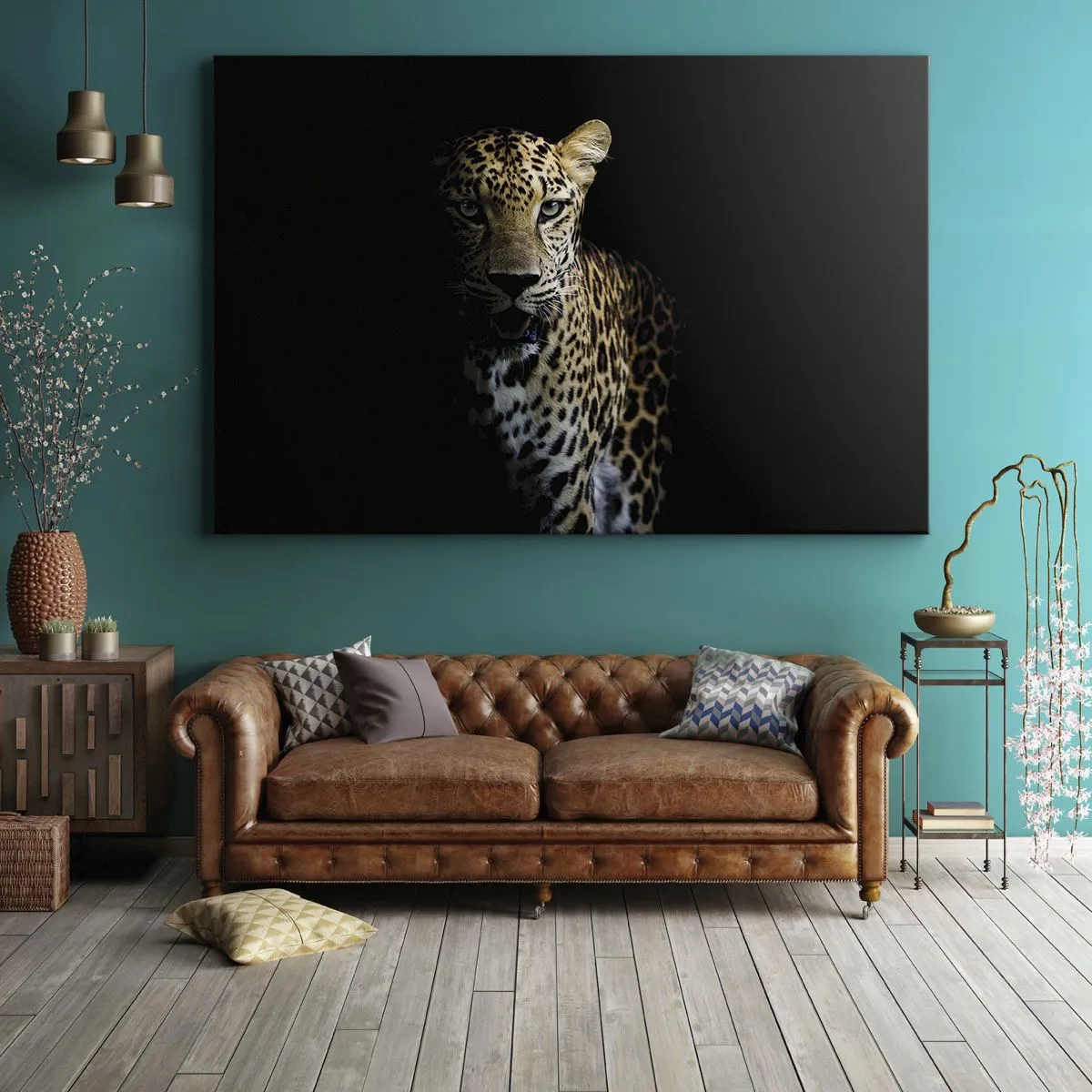 Obraz na plátně - Leopard na tmavém pozadí s intenzivním pohledem - 70x50cm - Temná krása - Moderní nástěnná dekorace do obývacího pokoje a ložnice ARTTOR