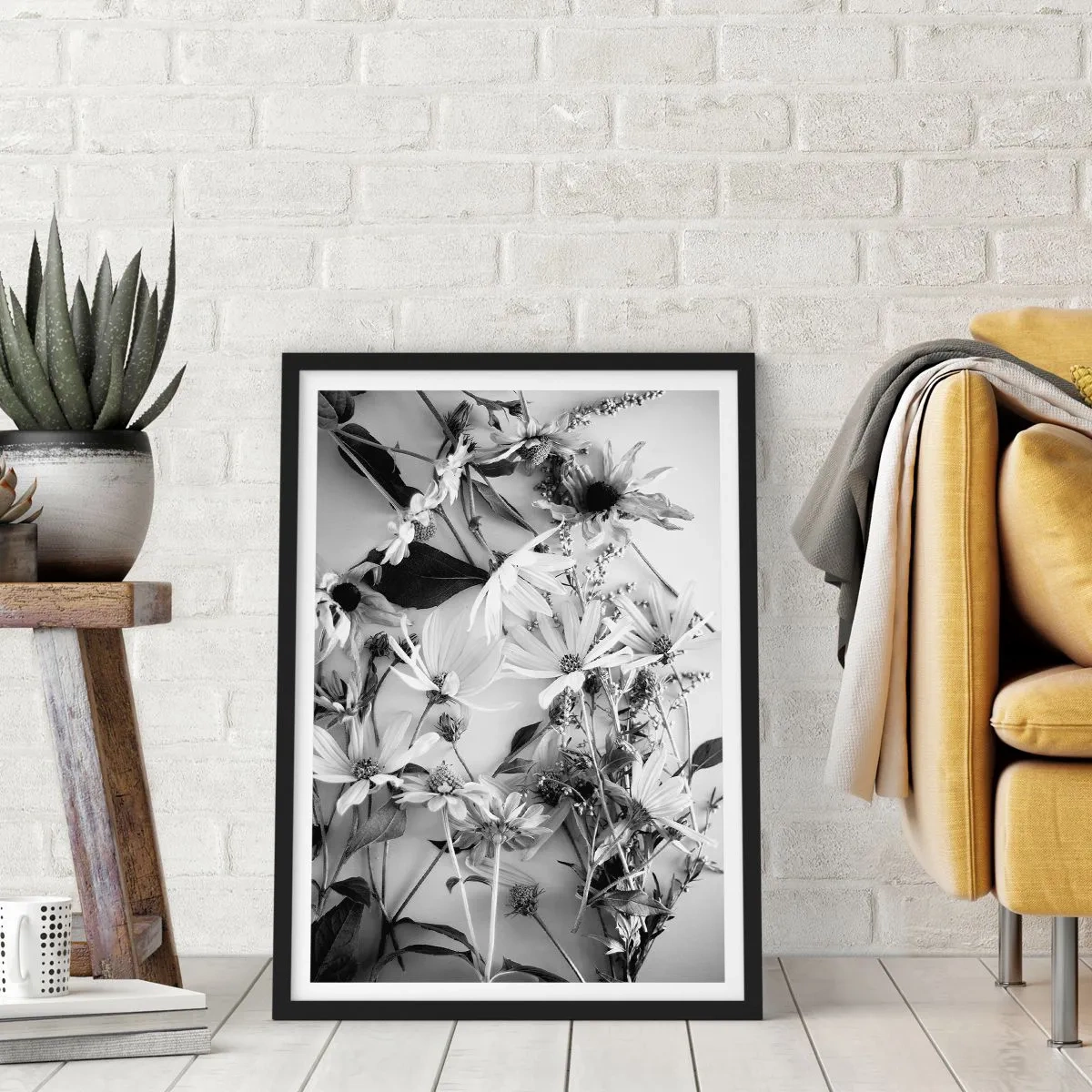 Plakát v černém rámu - Černobílé květiny uspořádané v uměleckém aranžmá - 50x70cm - Květiny bez kytice - Moderní nástěnná dekorace do obývacího pokoje a ložnice ARTTOR