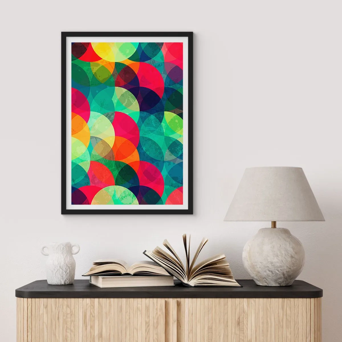 Plakát v černém rámu - Abstraktní, barevné kruhy, které se vzájemně překrývají - 50x70cm - Vstoupit do duhy - Moderní nástěnná dekorace do obývacího pokoje a ložnice ARTTOR