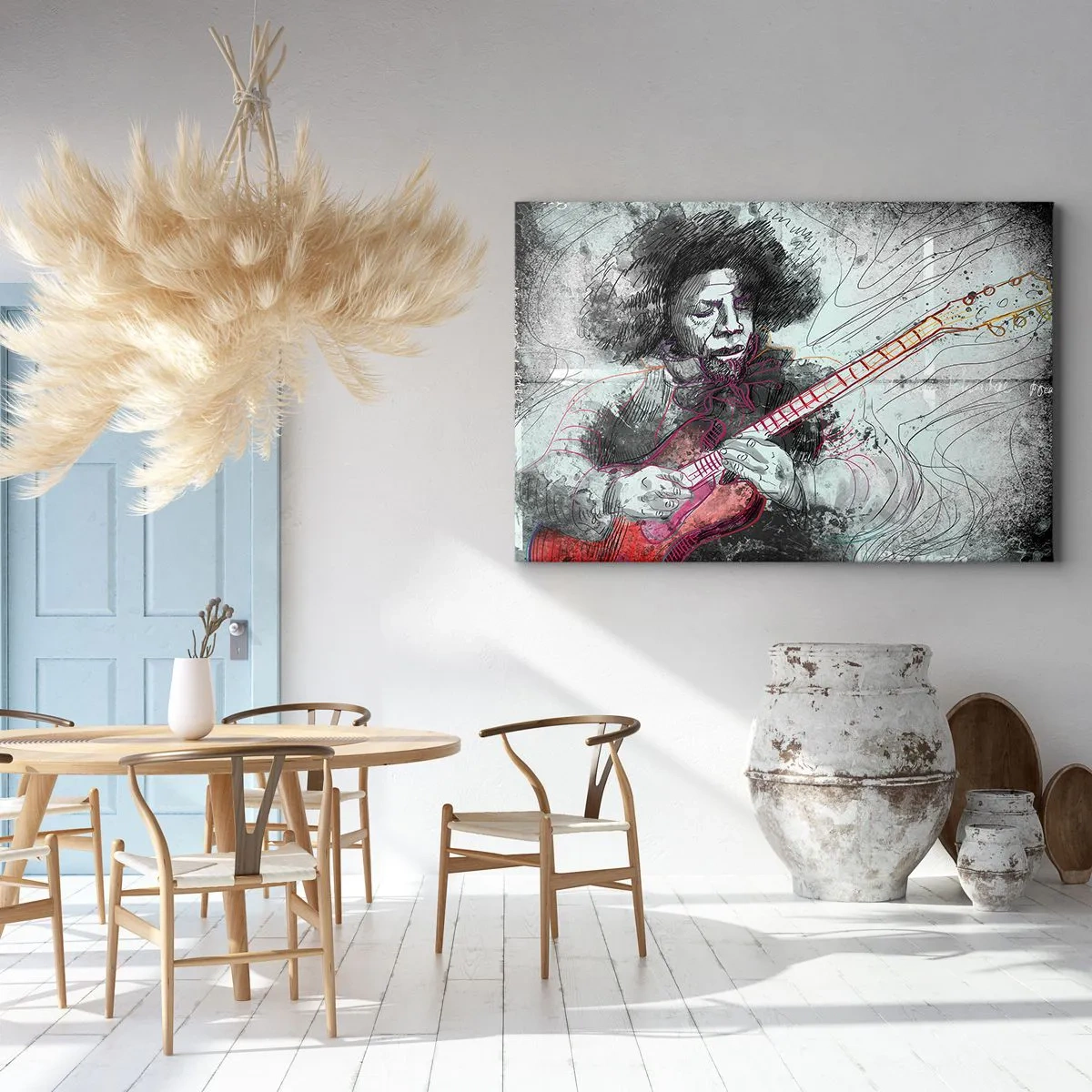 Obraz na plátně - Umělecký portrét kytaristy v technice skici - 70x50cm - Na vlnách hudby - Moderní nástěnná dekorace do obývacího pokoje a ložnice ARTTOR