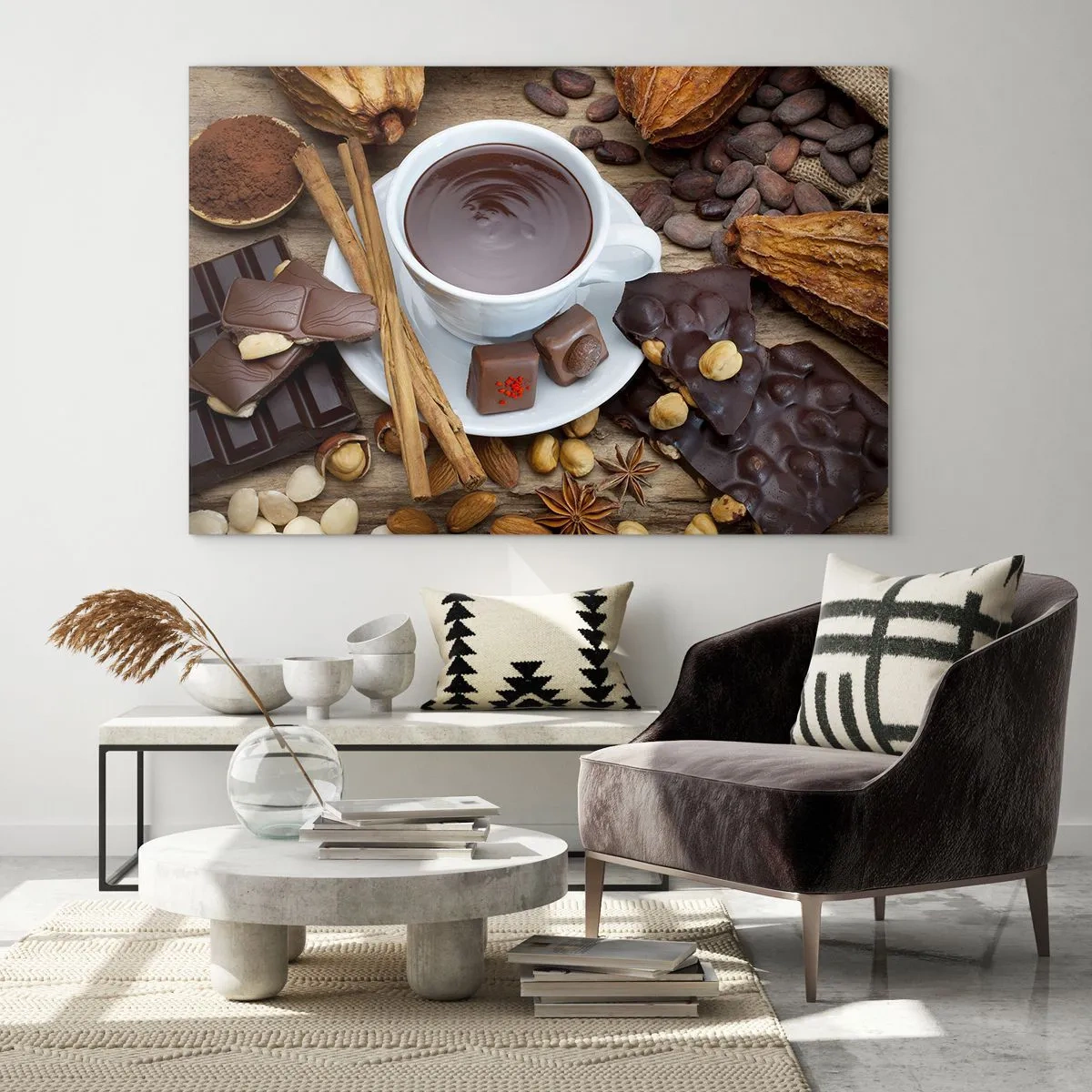 Obraz na skle - Šálek horké čokolády s polevou na rustikálním pozadí - 70x50cm - Z pohádkové továrny na čokoládu - Moderní nástěnná dekorace do obývacího pokoje a ložnice ARTTOR
