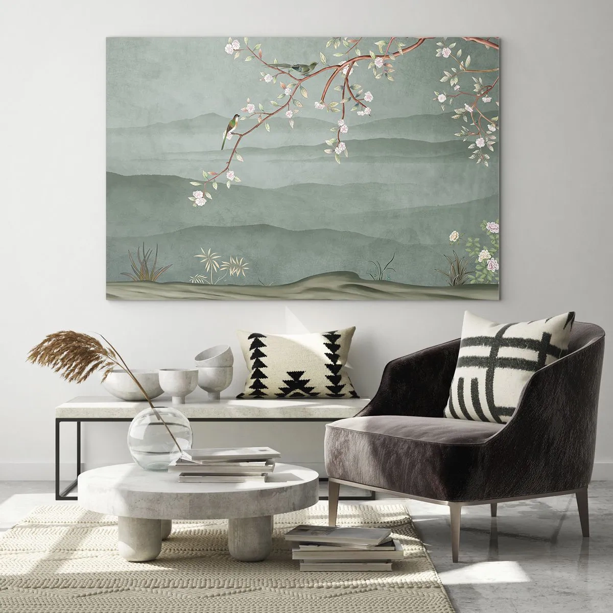 Obraz na skle - Větev s květinami a ptáky na pozadí zelených kopců - 70x50cm - Jaro je tady - Moderní nástěnná dekorace do obývacího pokoje a ložnice ARTTOR