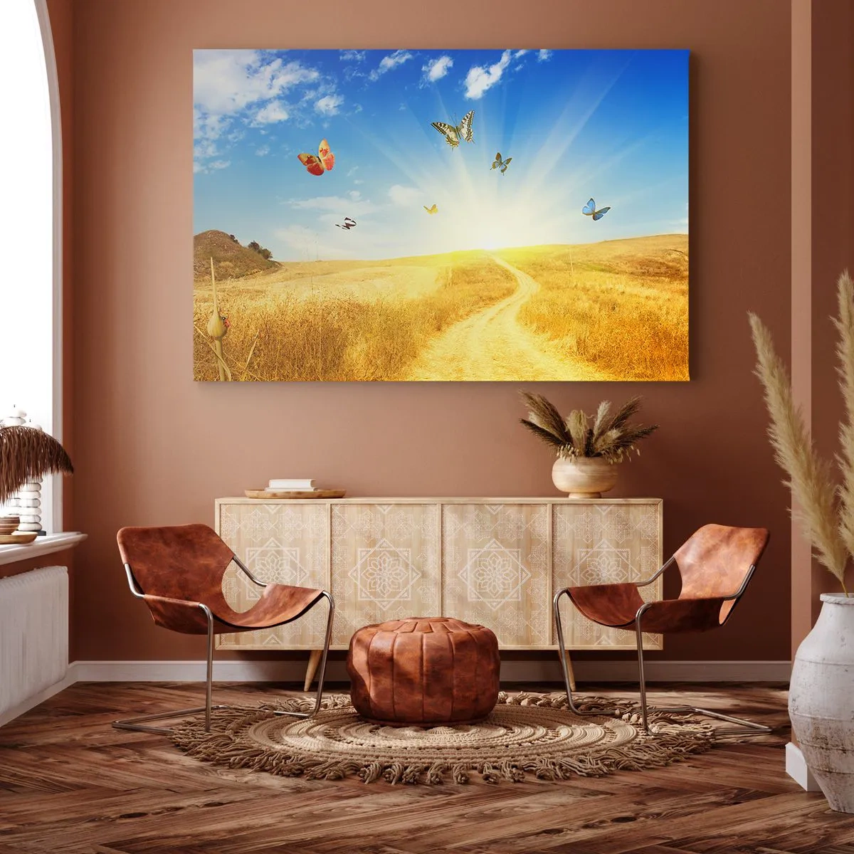 Obraz na plátně - Zlaté pole, cesta a motýli proti modré obloze - 70x50cm - Jak nemilovat léto? - Moderní nástěnná dekorace do obývacího pokoje a ložnice ARTTOR