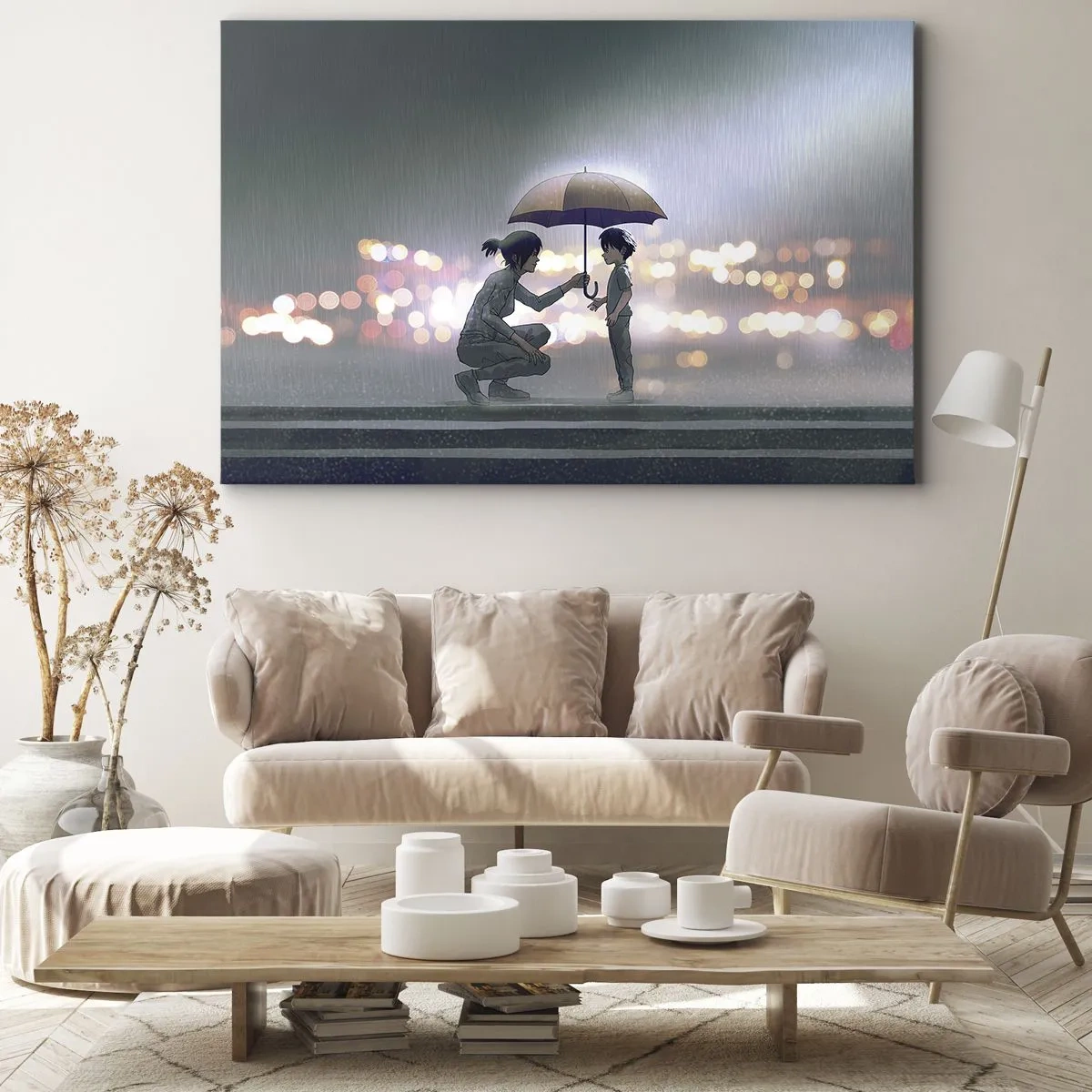 Obraz na plátně - Postava s deštníkem chránící dítě před pozadím nočních světel. - 70x50cm - A vše je v pořádku - Moderní nástěnná dekorace do obývacího pokoje a ložnice ARTTOR
