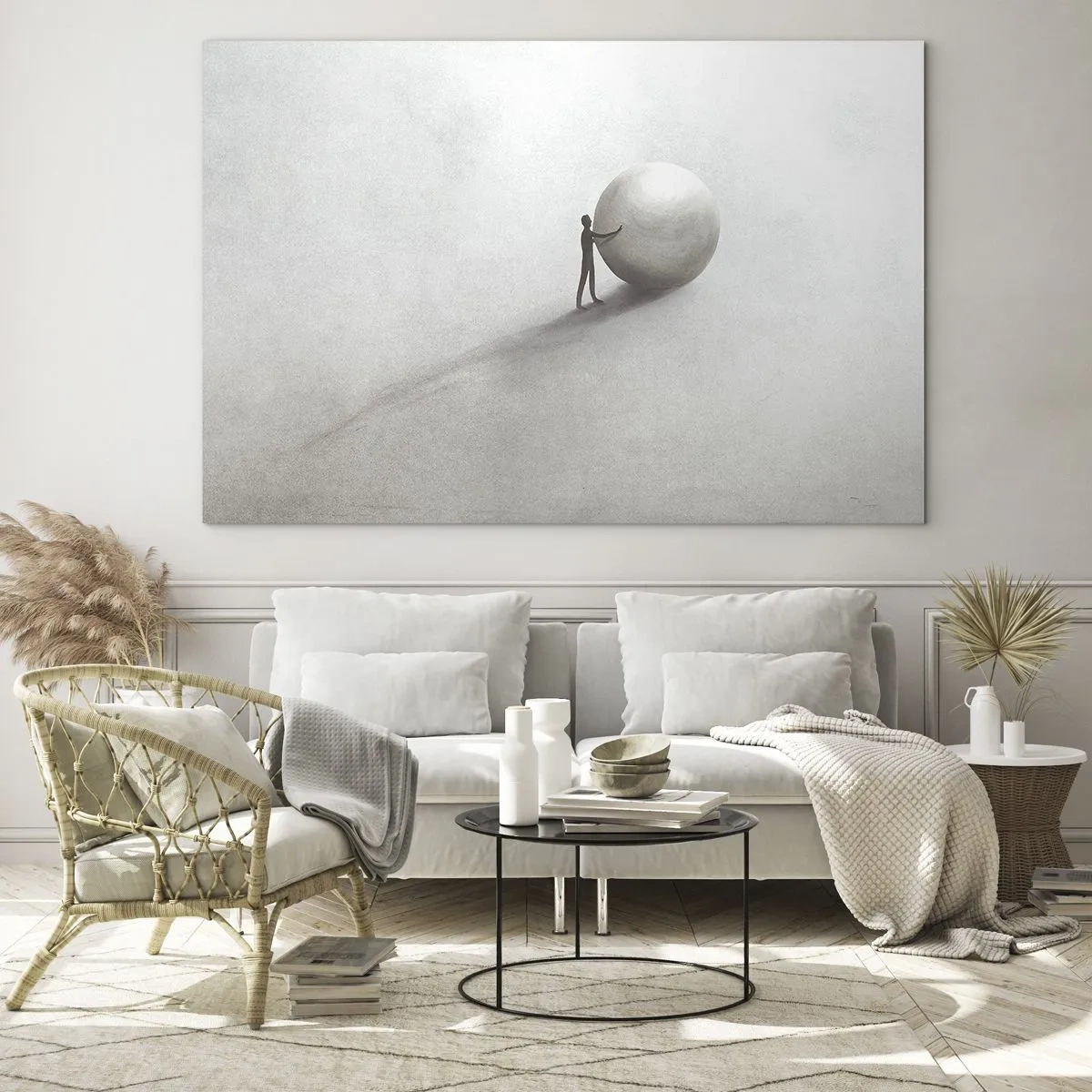 Obraz na skle - Minimalistická silueta muže s velkým míčem na světlém pozadí. - 70x50cm - Hra života - Moderní nástěnná dekorace do obývacího pokoje a ložnice ARTTOR
