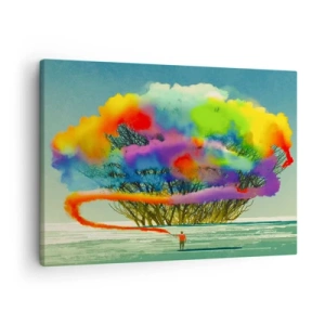 Obraz na plátně - Postava s barevným kouřem na pozadí stromu v divočině - 70x50cm - Oživit tento svět - Moderní nástěnná dekorace do obývacího pokoje a ložnice ARTTOR