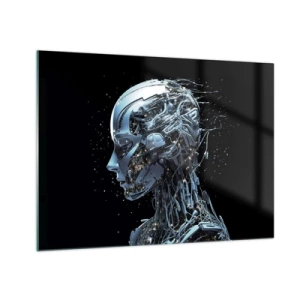 Obraz na skle - Profil ženského robota s dráty a mechanismy - 70x50cm - Technologie je žena - Moderní nástěnná dekorace do obývacího pokoje a ložnice ARTTOR