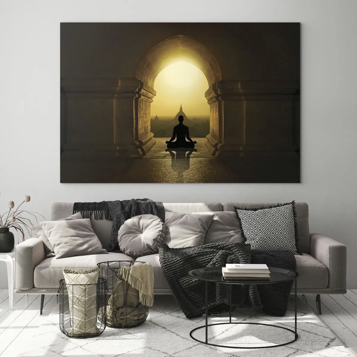 Obraz na skle - Silueta meditující osoby ve světle zapadajícího slunce v architektonickém oblouku - 70x50cm - Plná harmonie - Moderní nástěnná dekorace do obývacího pokoje a ložnice ARTTOR