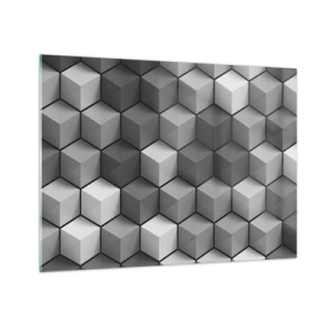 Obraz na skle - Geometrické kostky v odstínech šedé - 70x50cm - Kubistické puzzle - Moderní nástěnná dekorace do obývacího pokoje a ložnice ARTTOR