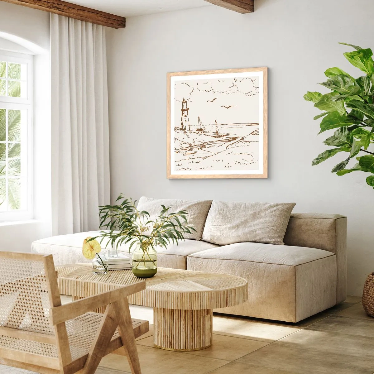 Plakát v rámu světlý dub - Náčrt letních vzpomínek - 60x60 cm