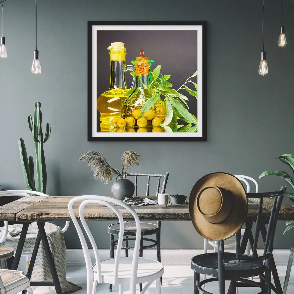 Plakát v černém rámu - Zátiší s olivami a olejem - 60x60 cm