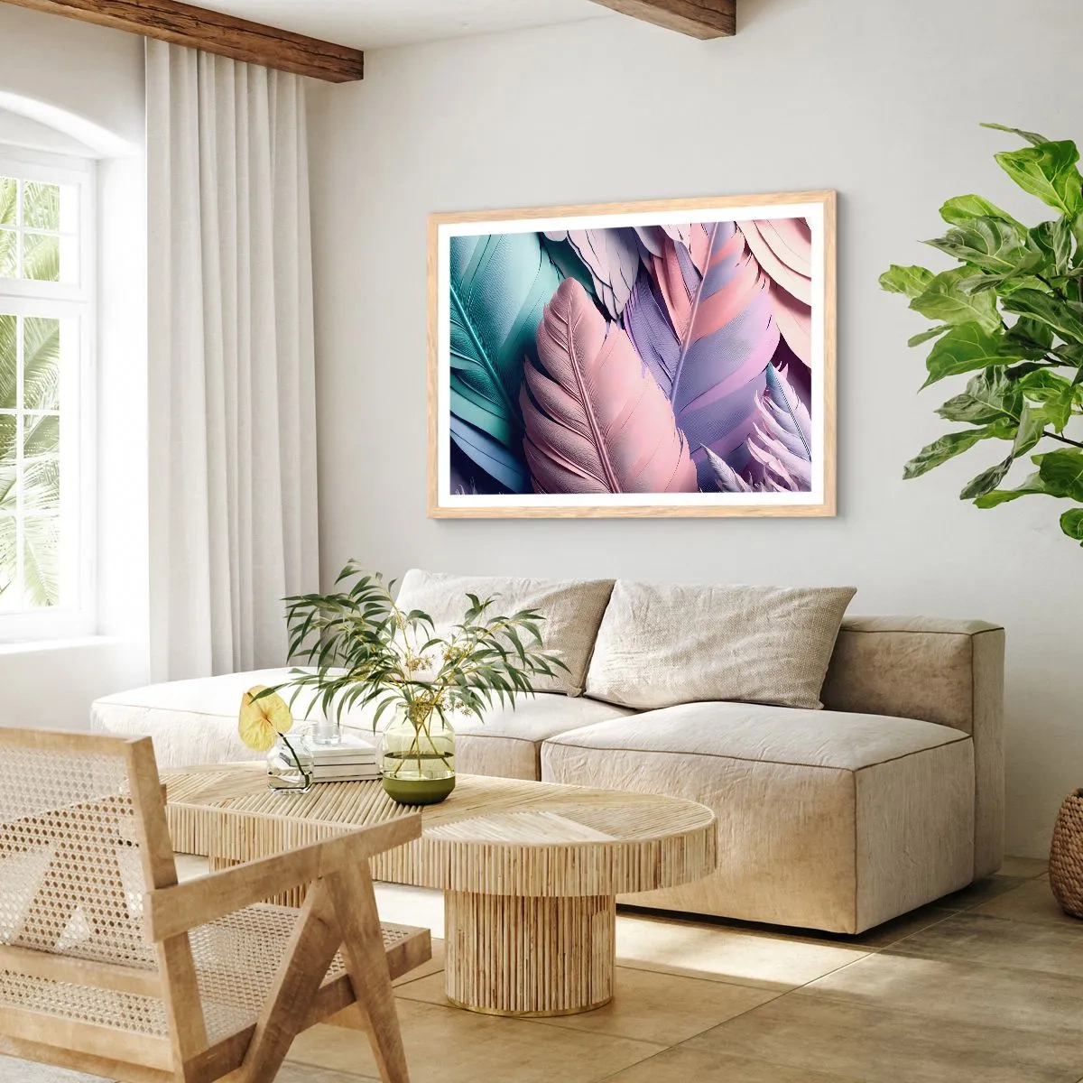 Plakát v rámu světlý dub - Ptačí styl - 70x50 cm