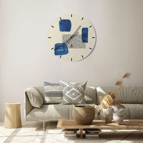 Nástěnné hodiny - Abstraktní kompozice s modrými tvary a vzory - 30x30cm - Abstraktní kvarteto - Moderní nástěnná dekorace do obývacího pokoje, kuchyně a ložnice ARTTOR