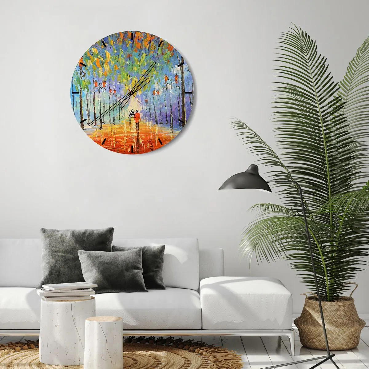 Nástěnné hodiny - Barevná alej se stromy a osobou kráčející v dálce - 30x30cm - Noční píseň deště - Moderní nástěnná dekorace do obývacího pokoje, kuchyně a ložnice ARTTOR