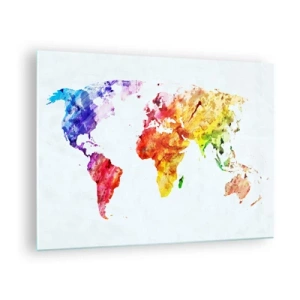 Obraz na skle - Akvarelová mapa světa v jasných barvách - 70x50cm - Všechny barvy světa - Moderní nástěnná dekorace do obývacího pokoje a ložnice ARTTOR