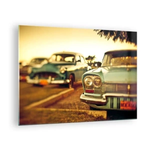 Obraz na skle - Retro auta v teplém světle západu slunce - 70x50cm - Počkáme, uvidíme - Moderní nástěnná dekorace do obývacího pokoje a ložnice ARTTOR