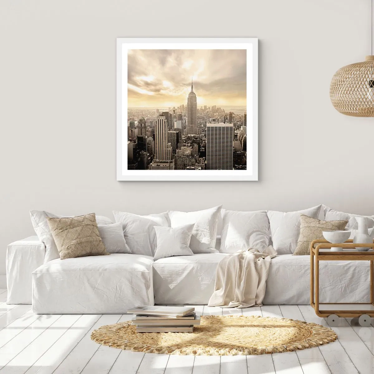 Plakát v bílém rámu - New York utkaný z šedi - 60x60 cm