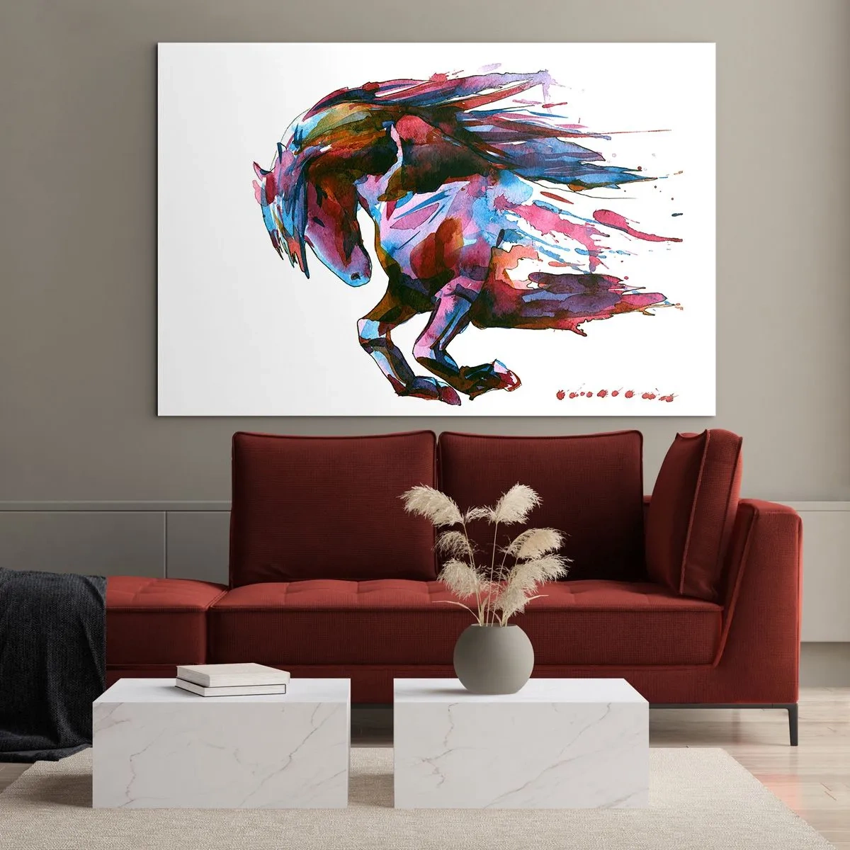 Obraz na skle - Abstraktní kůň v dynamické barevné kompozici - 70x50cm - U vytržení - Moderní nástěnná dekorace do obývacího pokoje a ložnice ARTTOR