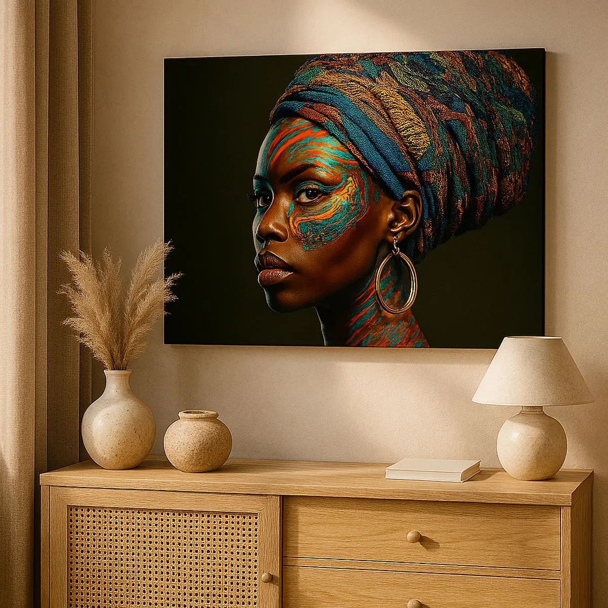 Obraz na plátně - Portrét ženy s barevným vzorem a turbanem - 70x50cm - Africká královna - Moderní nástěnná dekorace do obývacího pokoje a ložnice ARTTOR