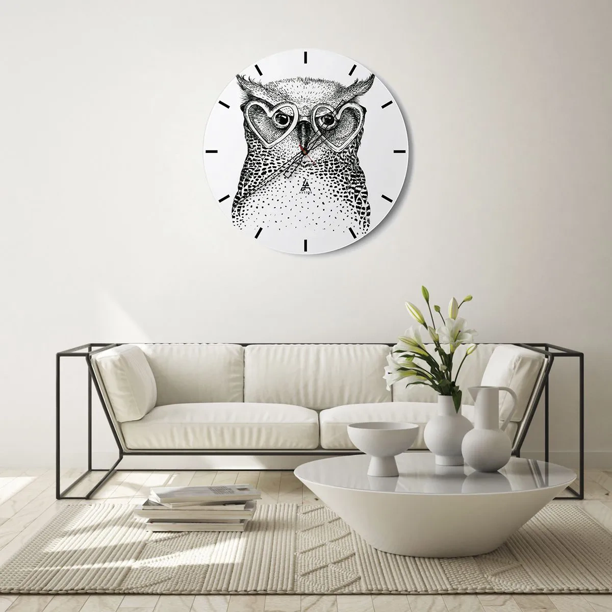 Nástěnné hodiny - Sova s brýlemi ve tvaru srdce na bílém pozadí - 30x30cm - Moudře a s láskou - Moderní nástěnná dekorace do obývacího pokoje, kuchyně a ložnice ARTTOR