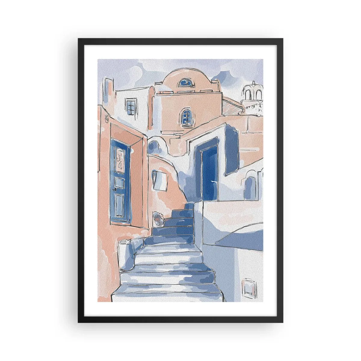 Plakát v černém rámu - Malebná ulice ve středomořském stylu v odstínech modré - 50x70cm - Exotické město - Moderní nástěnná dekorace do obývacího pokoje a ložnice ARTTOR