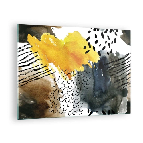 Obraz na skle - Abstraktní kompozice se skvrnami a čarami v zemitých barvách. - 70x50cm - Setkání živlů - Moderní nástěnná dekorace do obývacího pokoje a ložnice ARTTOR