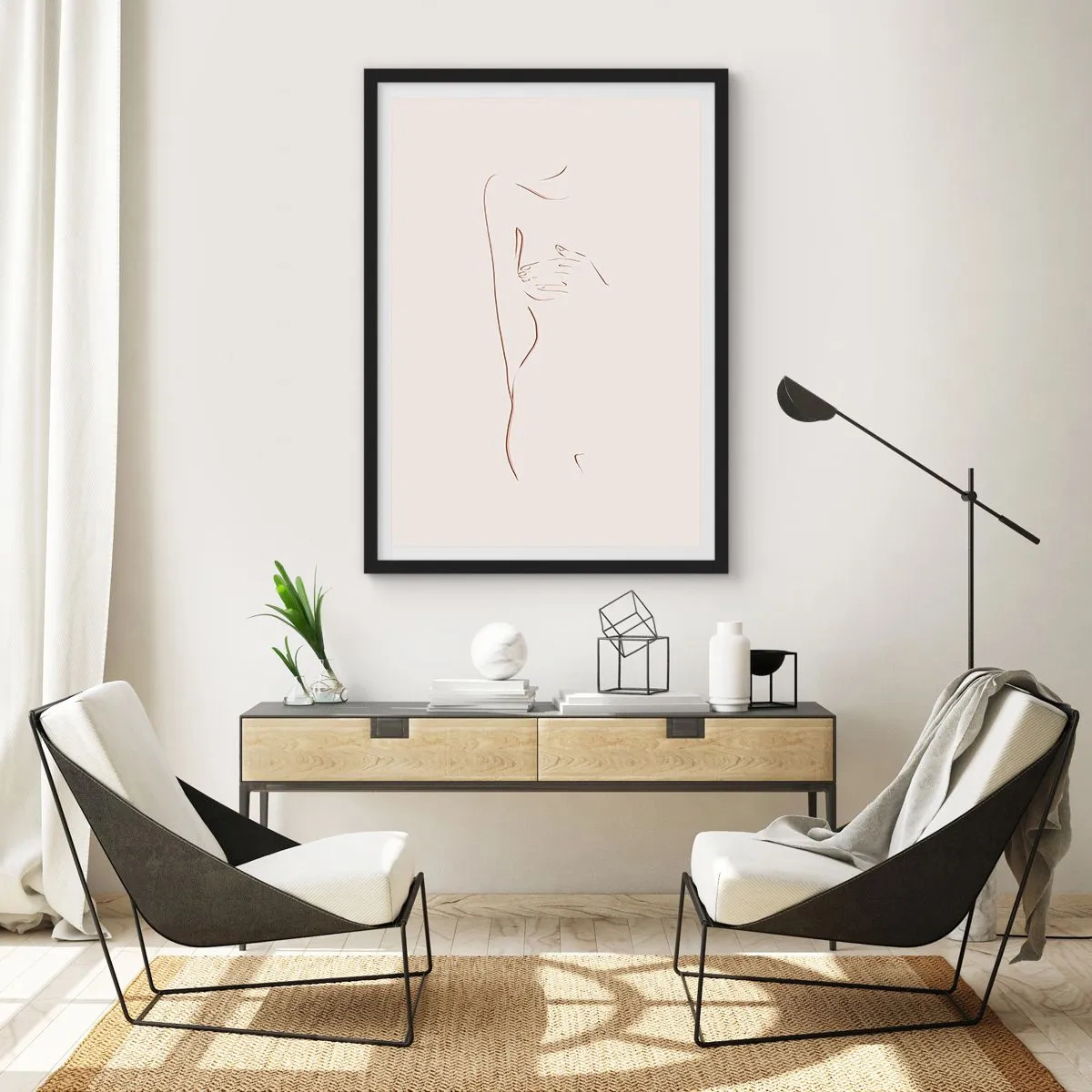 Plakát v černém rámu - Minimalistická perokresba ženské siluety na světlém pozadí. - 50x70cm - Tvar touhy - Moderní nástěnná dekorace do obývacího pokoje a ložnice ARTTOR
