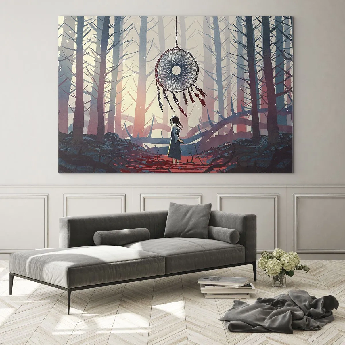 Obraz na skle - Postava v lese se dívá na velký lapač snů vznášející se ve vzduchu. - 70x50cm - Tajný rituál štěstí - Moderní nástěnná dekorace do obývacího pokoje a ložnice ARTTOR