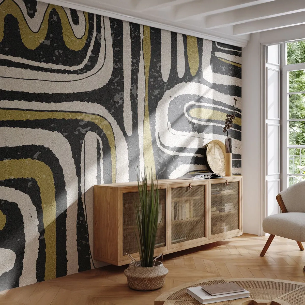 Fototapeta Standard Eco - Černo-zlatá abstrakce připomínající městské ulice - 100x70cm - Kompozice: trakty a uličky - Moderní nástěnná dekorace do obývacího pokoje a ložnice ARTTOR