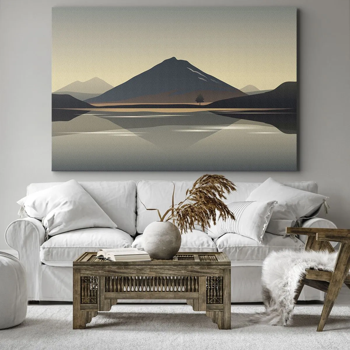 Obraz na plátně - Minimalistická horská krajina s odrazem ve vodě - 70x50cm - Zrcadlový odraz - Moderní nástěnná dekorace do obývacího pokoje a ložnice ARTTOR