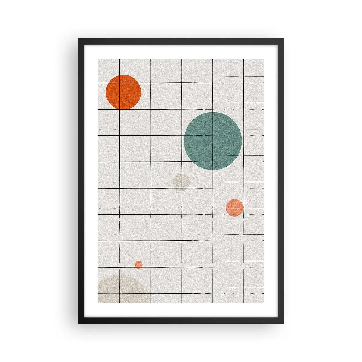 Plakát v černém rámu - Abstraktní kompozice mřížky a barevných kruhů - 50x70cm - V pasti. My nebo ony? - Moderní nástěnná dekorace do obývacího pokoje a ložnice ARTTOR