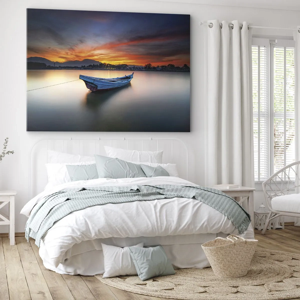Obraz na plátně - Loď na vodě během malebného západu slunce - 70x50cm - Blíží se dobrá noc - Moderní nástěnná dekorace do obývacího pokoje a ložnice ARTTOR
