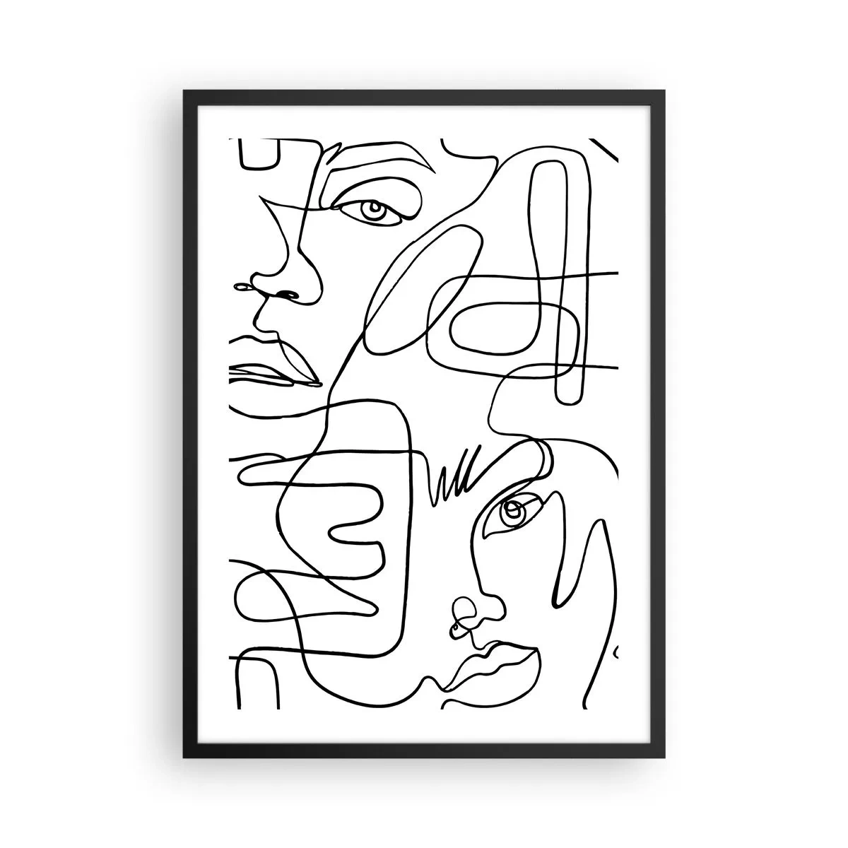 Plakát v černém rámu - Abstraktní obličeje nakreslené jednou čarou - 50x70cm - Ve spletených emocích - Moderní nástěnná dekorace do obývacího pokoje a ložnice ARTTOR