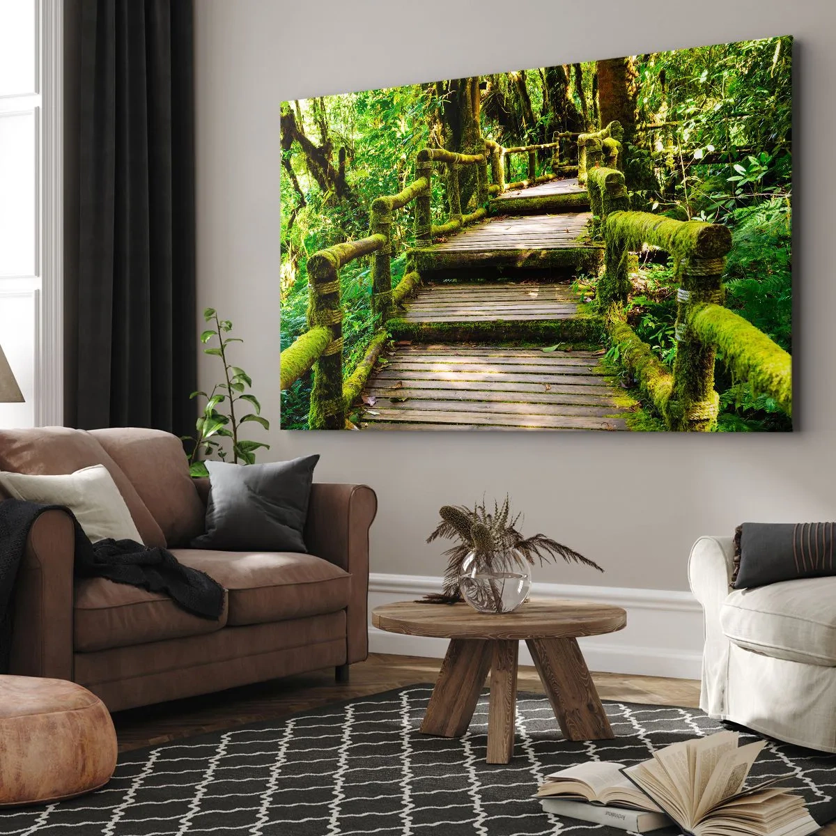 Obraz na plátně - Dřevěný most pokrytý mechem v tropickém deštném pralese - 70x50cm - Chodbou zeleně - Moderní nástěnná dekorace do obývacího pokoje a ložnice ARTTOR