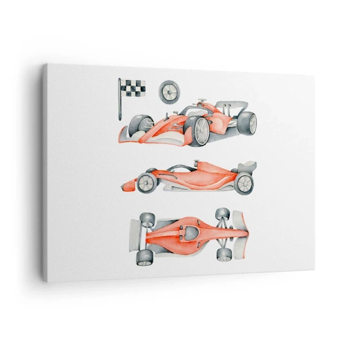 Obraz na plátně - Červené závodní auto s šachovnicovou vlajkou - 70x50cm - Dohnat sen - Moderní nástěnná dekorace do obývacího pokoje a ložnice ARTTOR