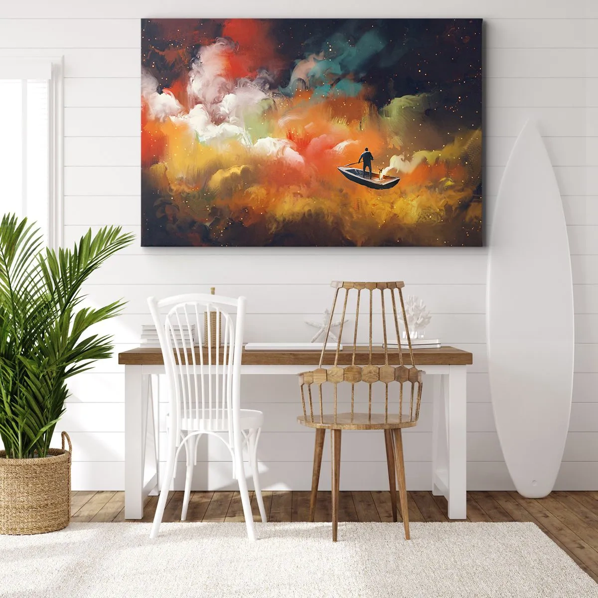 Obraz na plátně - Postava v lodi na pozadí barevných mraků - 70x50cm - Lodí galaxií - Moderní nástěnná dekorace do obývacího pokoje a ložnice ARTTOR