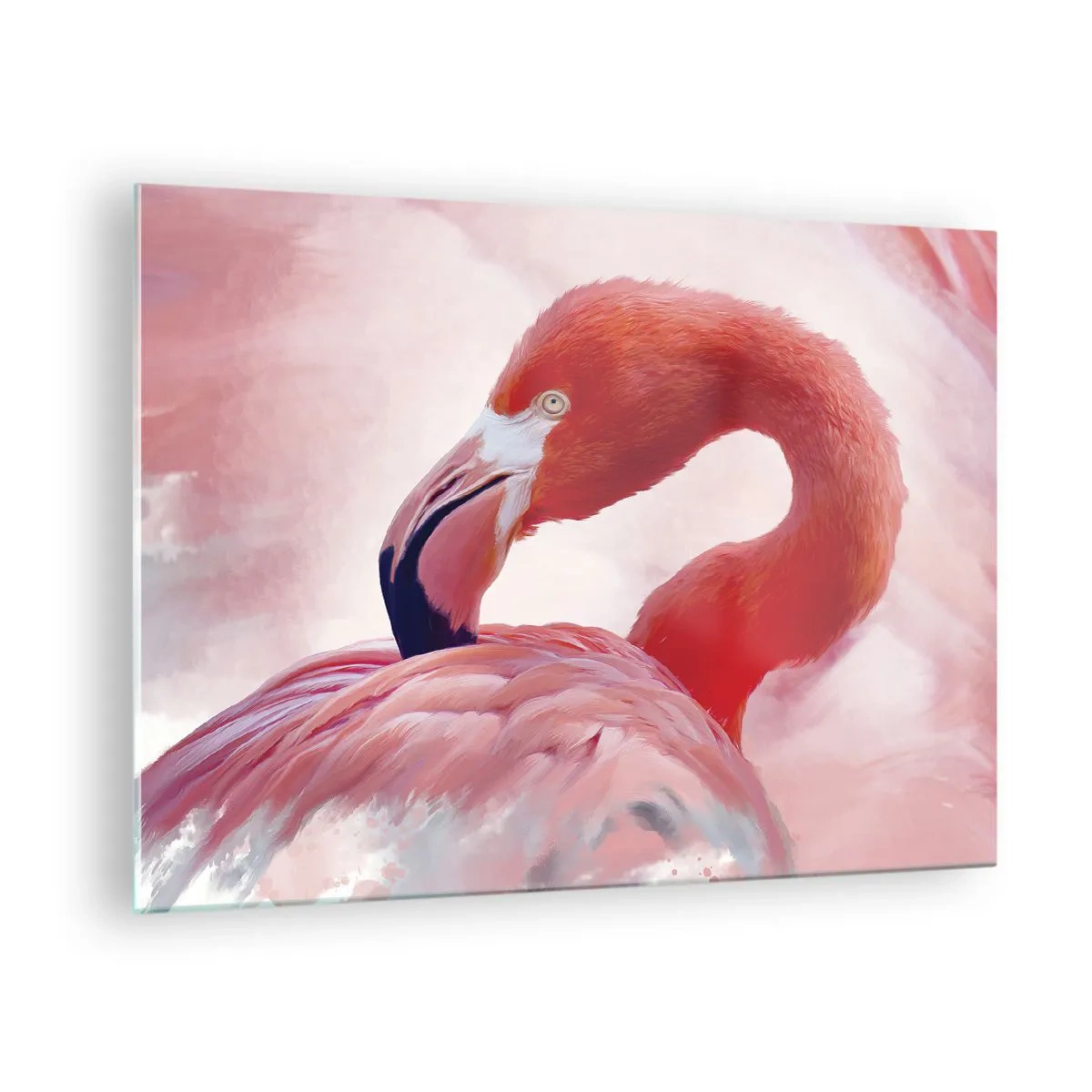 Obraz na skle - Růžový plameňák se elegantně otáčí na stranu - 70x50cm - Ptačí krása - Moderní nástěnná dekorace do obývacího pokoje a ložnice ARTTOR