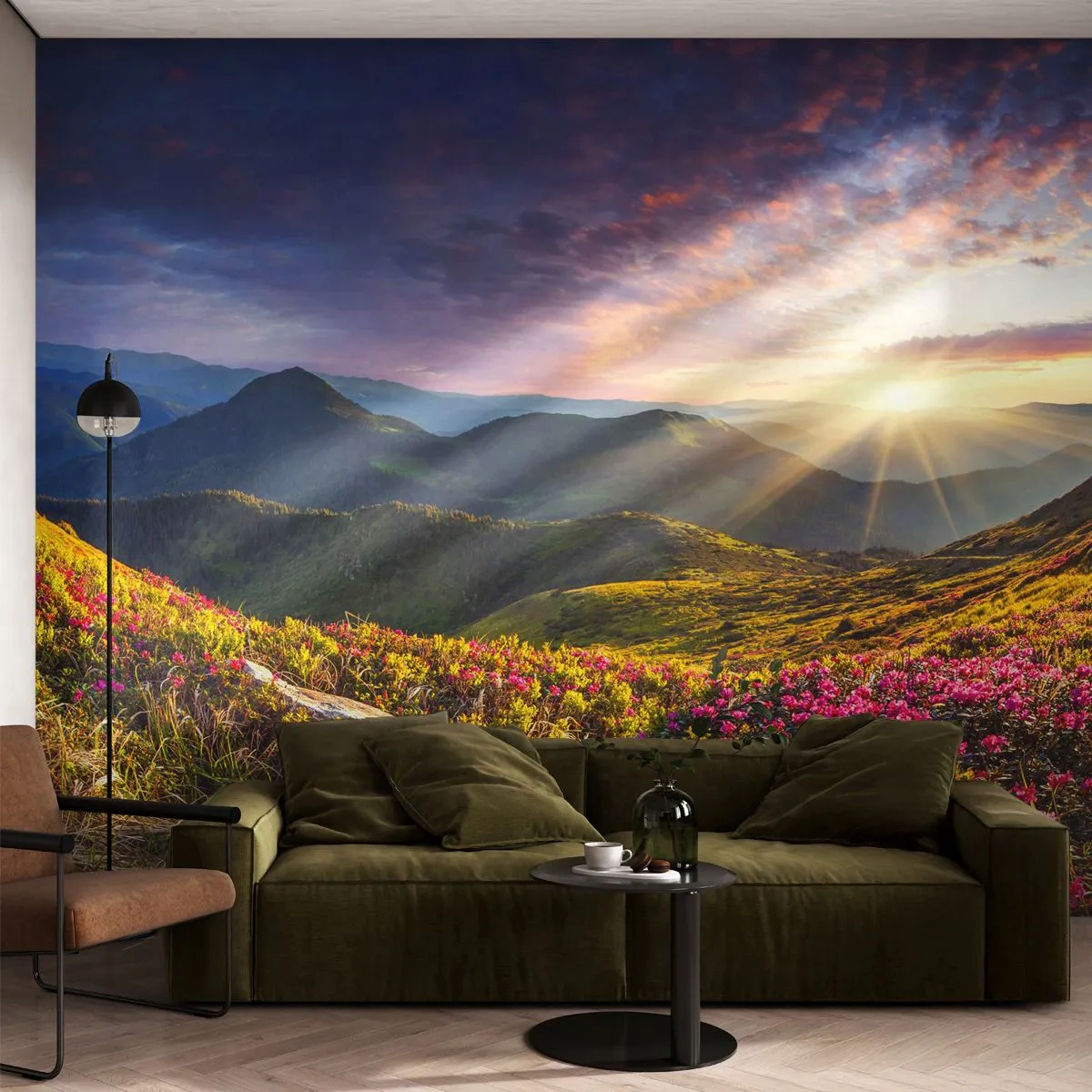Fototapeta Samolepicí Deluxe Sticker - Svěžest horského rána - Krajina, hory, Květiny - 250x175 cm